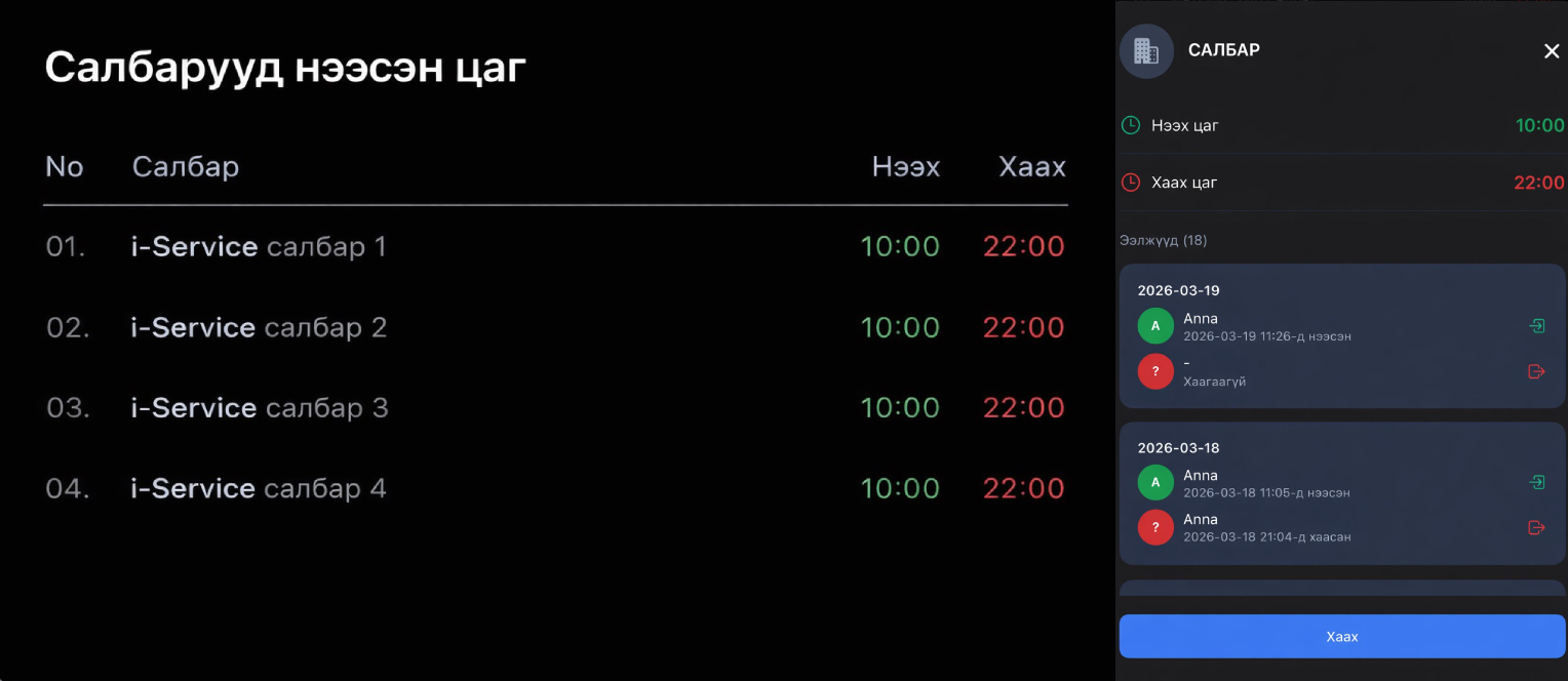 Салбарын нээх/хаах цаг